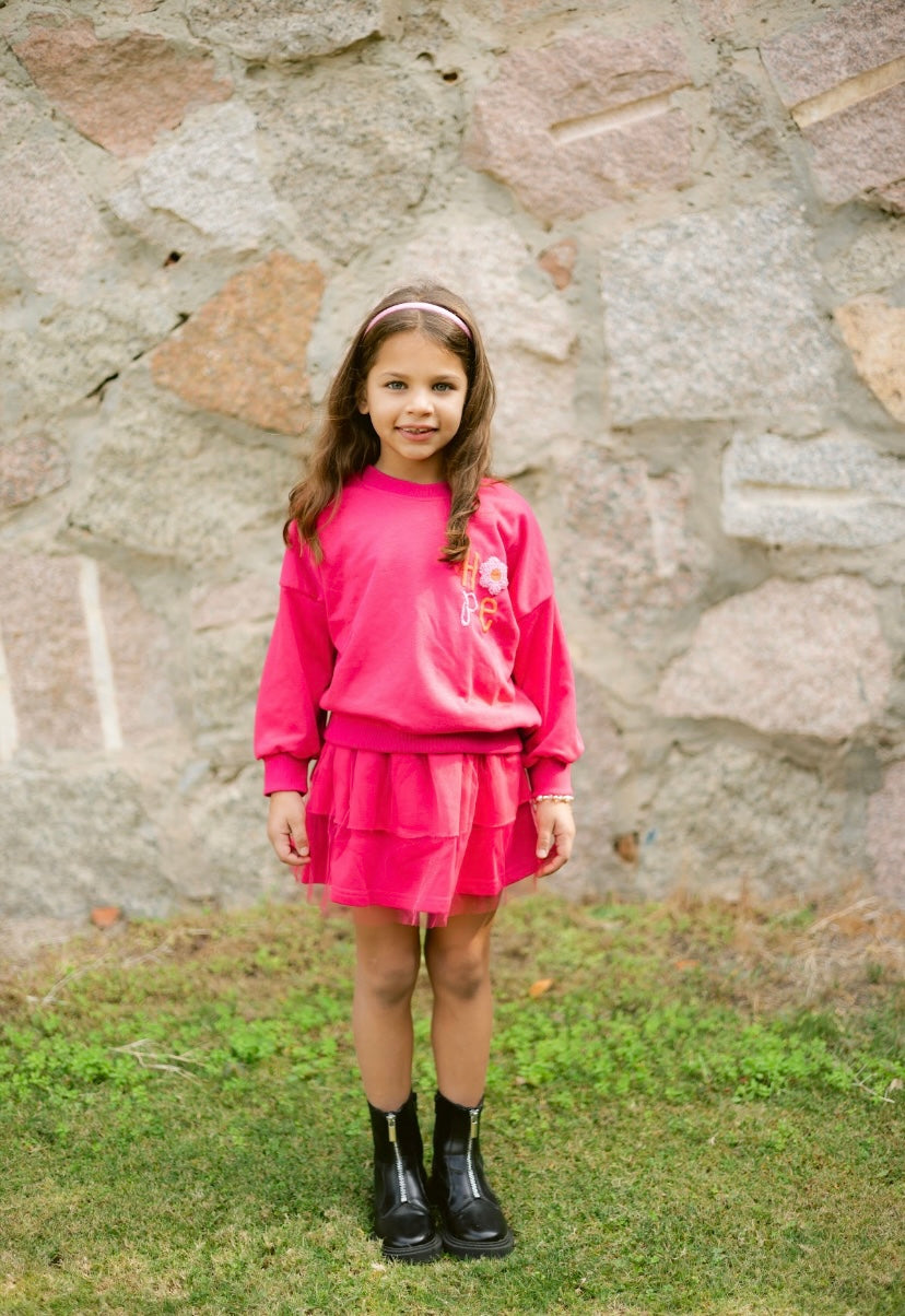 Pink Embroidered Crewneck And Pink Layered Tutu Skirt Set