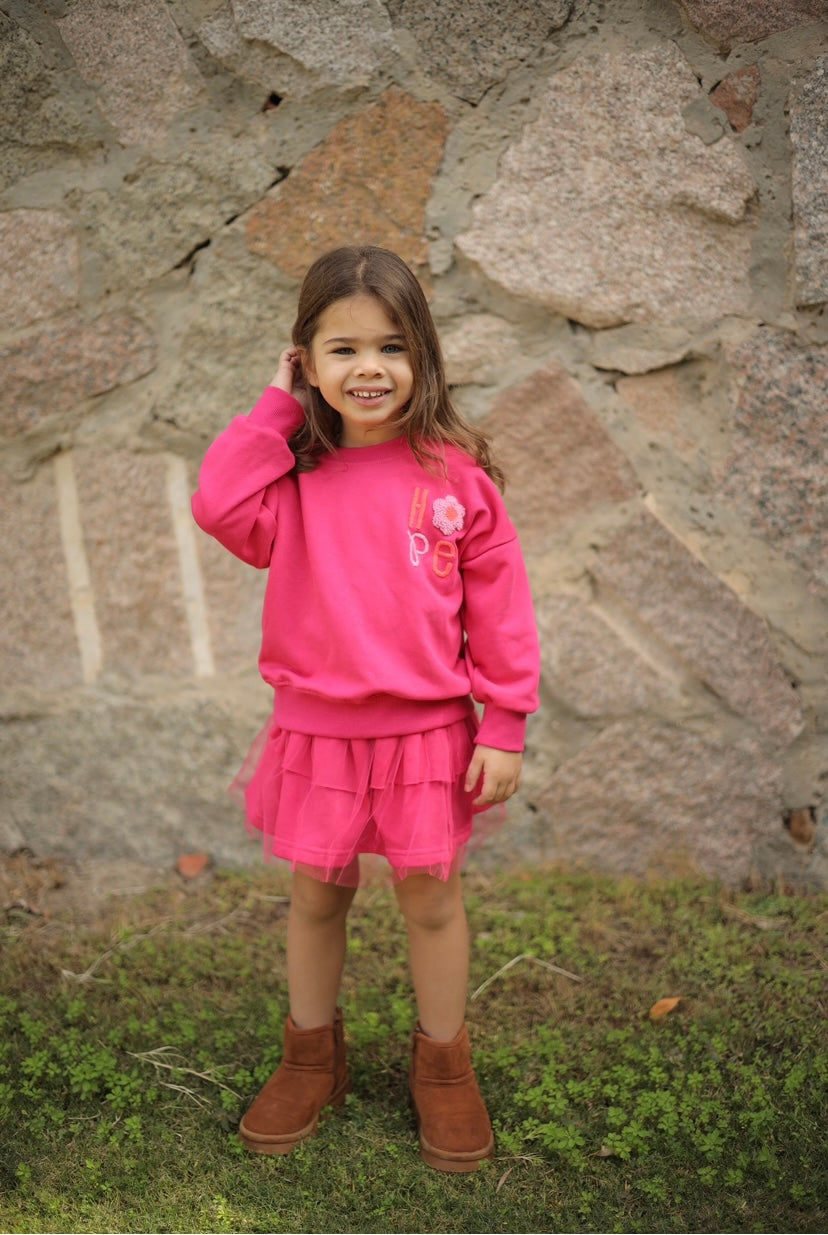 Pink Embroidered Crewneck And Pink Layered Tutu Skirt Set