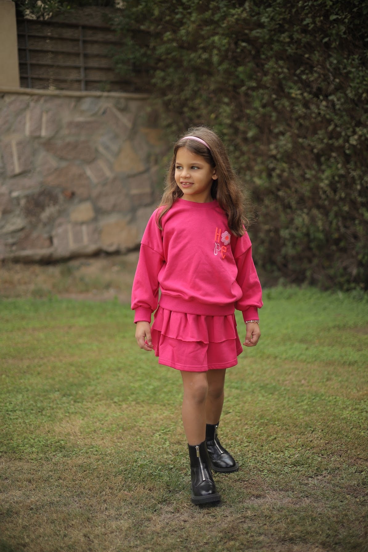 Pink Embroidered Crewneck And Pink Layered Tutu Skirt Set